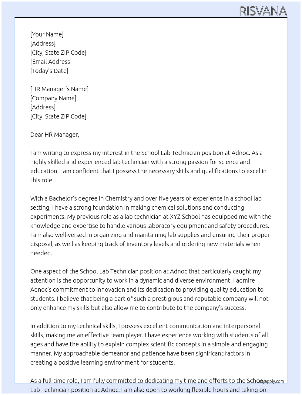 School lab technician  At Adnoc  Cover Letter