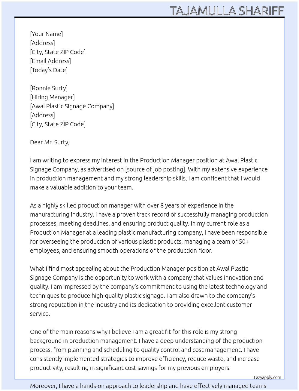 Production Manager At Awal Plastic signage company Cover Letter
