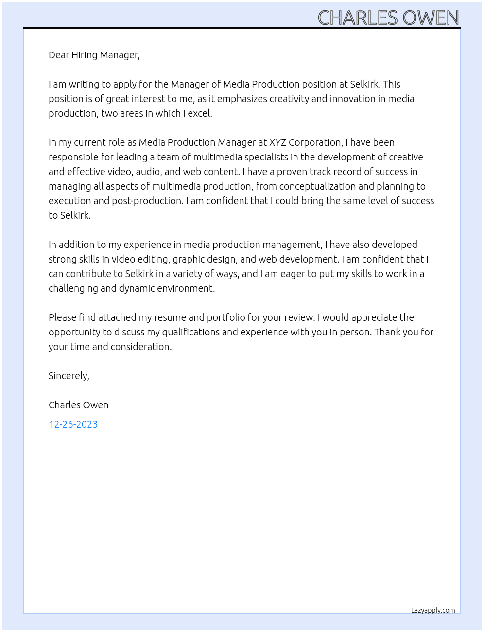 Manager of Media Production At Selkirk Cover Letter