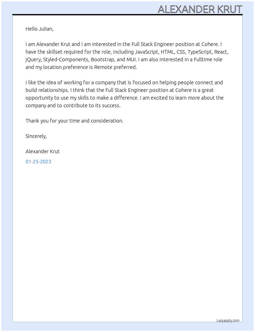 Full Stack Engineer At Cohere Cover Letter