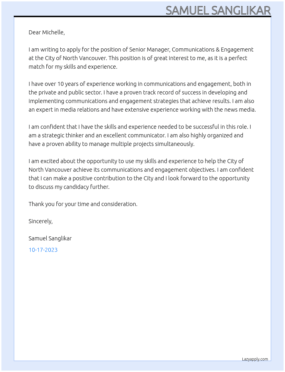  Senior Manager, Communications & Engagement At  City of North Vancouver Cover Letter
