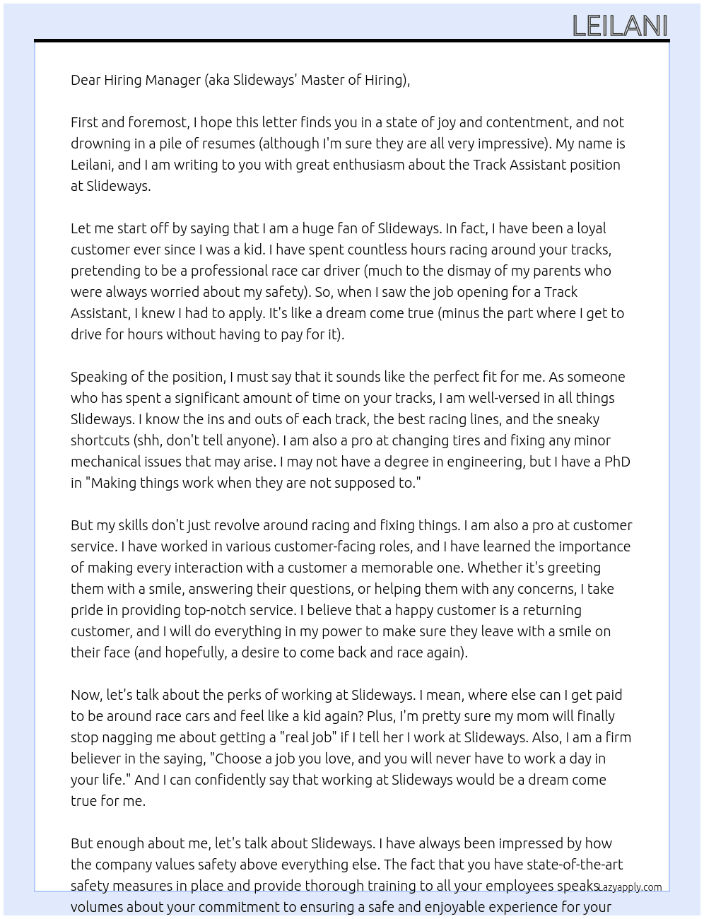 track assistant  At slideways Cover Letter