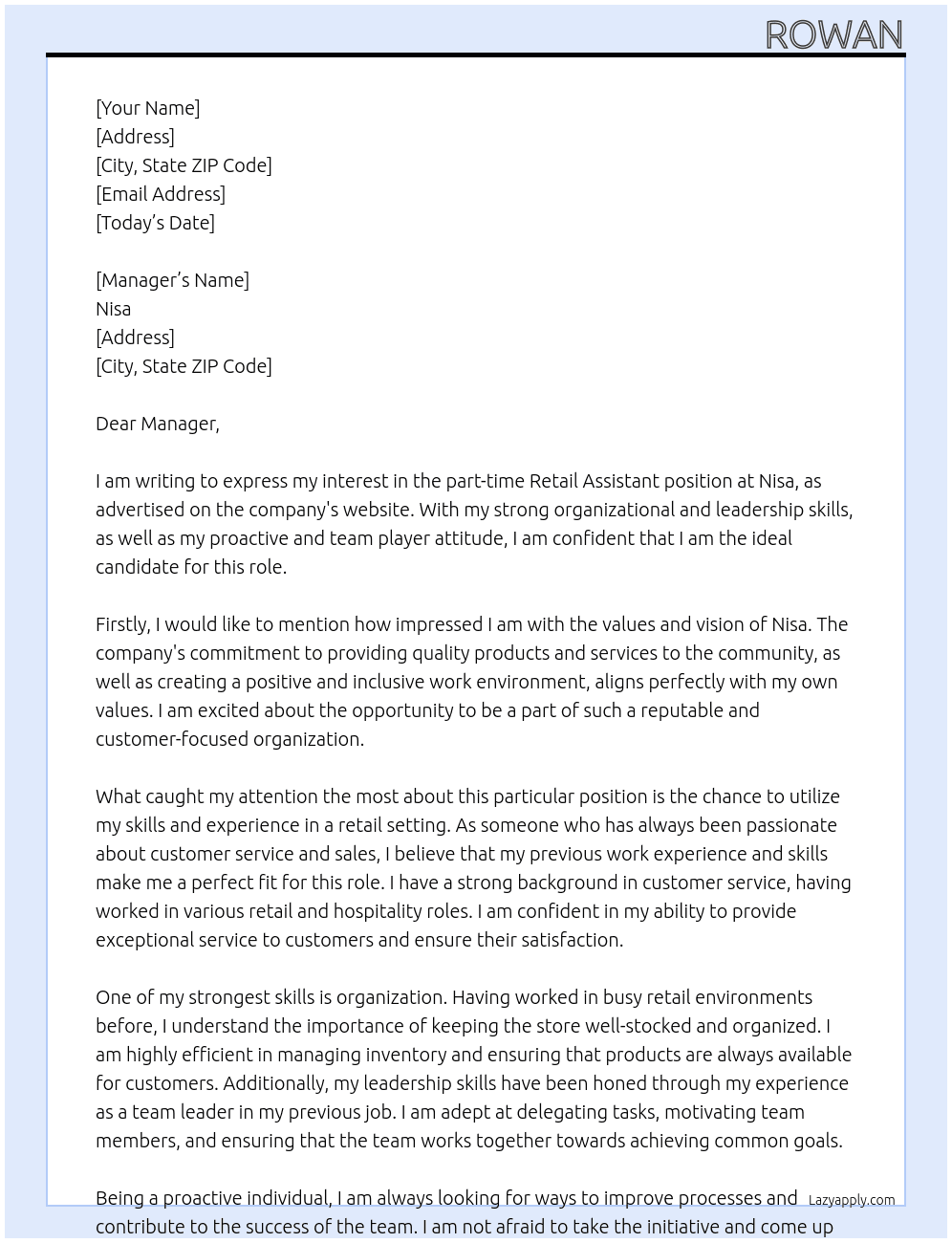 retail assisstant At nisa Cover Letter