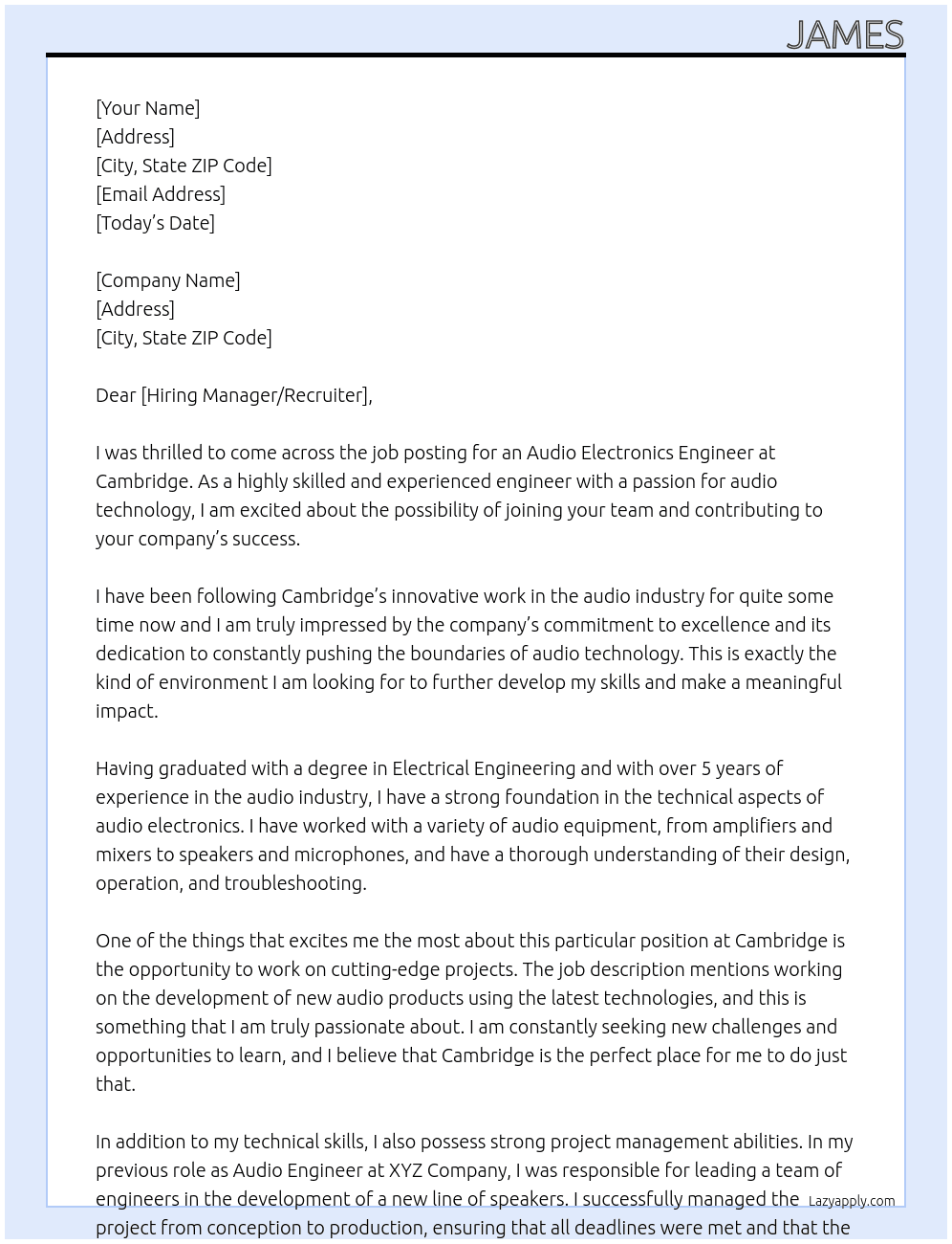 Audio Electronics Engineer At Cambridge Cover Letter
