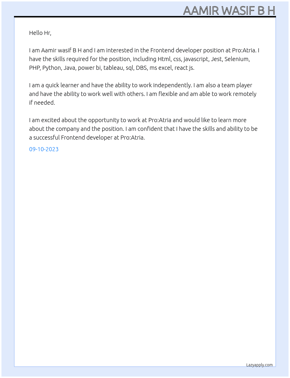 Frontend developer  At Pro:Atria Cover Letter