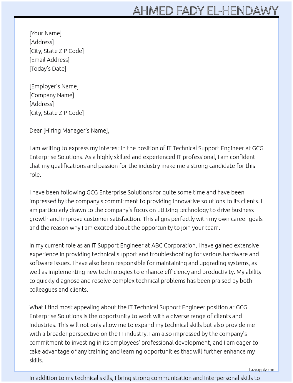 IT Technical Support Engineer At  GCG Enterprise Solutions Cover Letter