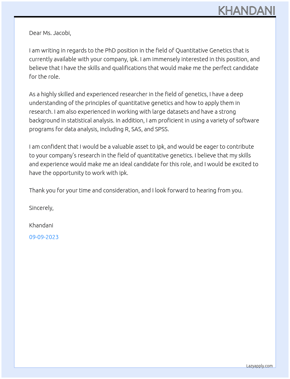 PhD position in the field of Quantitative Genetics At ipk Cover Letter