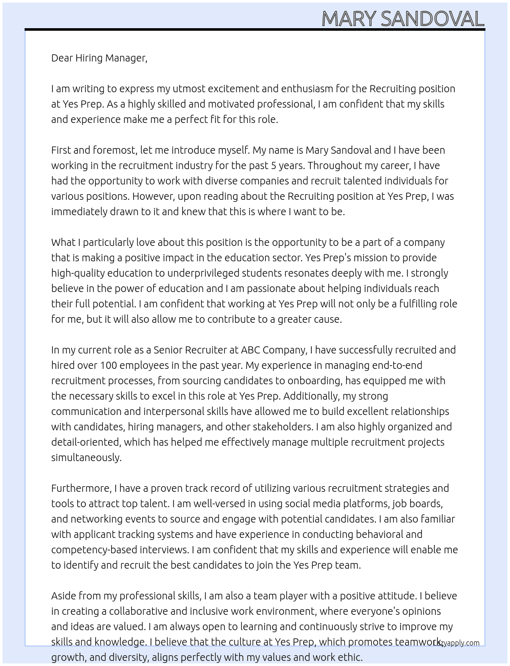 Recruiting At Yes Prep Cover Letter