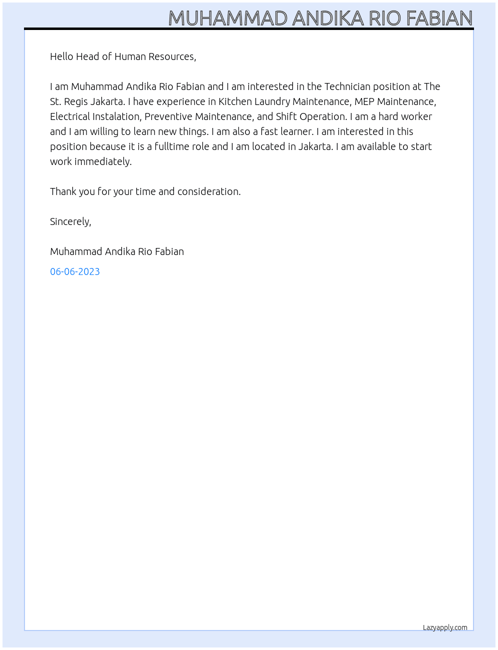 Technician At The St. Regis Jakarta Cover Letter