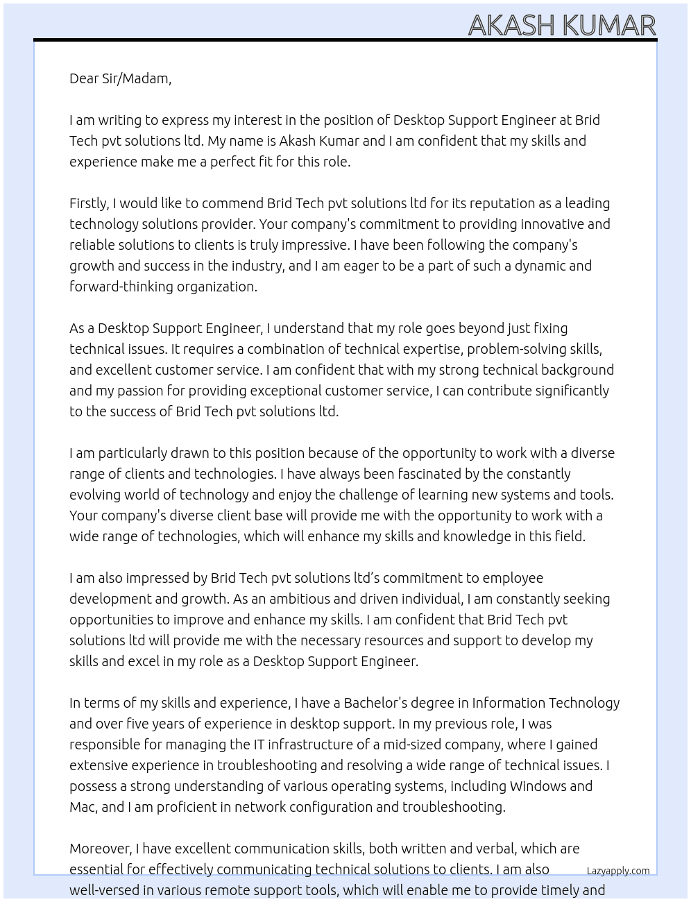 Desktop Support Engineer At Brid Tech pvt solutions ltd Cover Letter