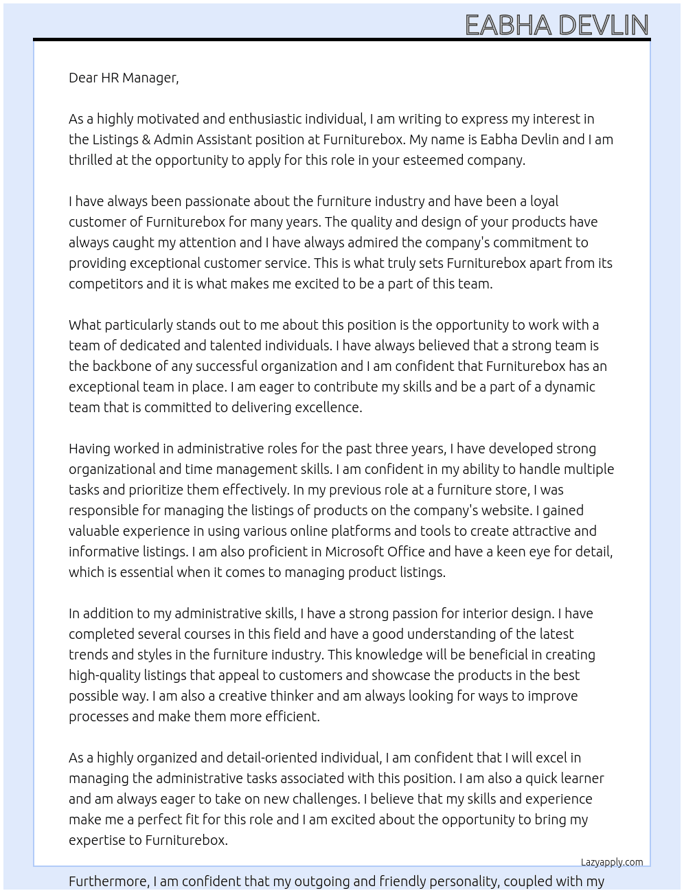 Listings & Admin Assistant  At Furniturebox Cover Letter