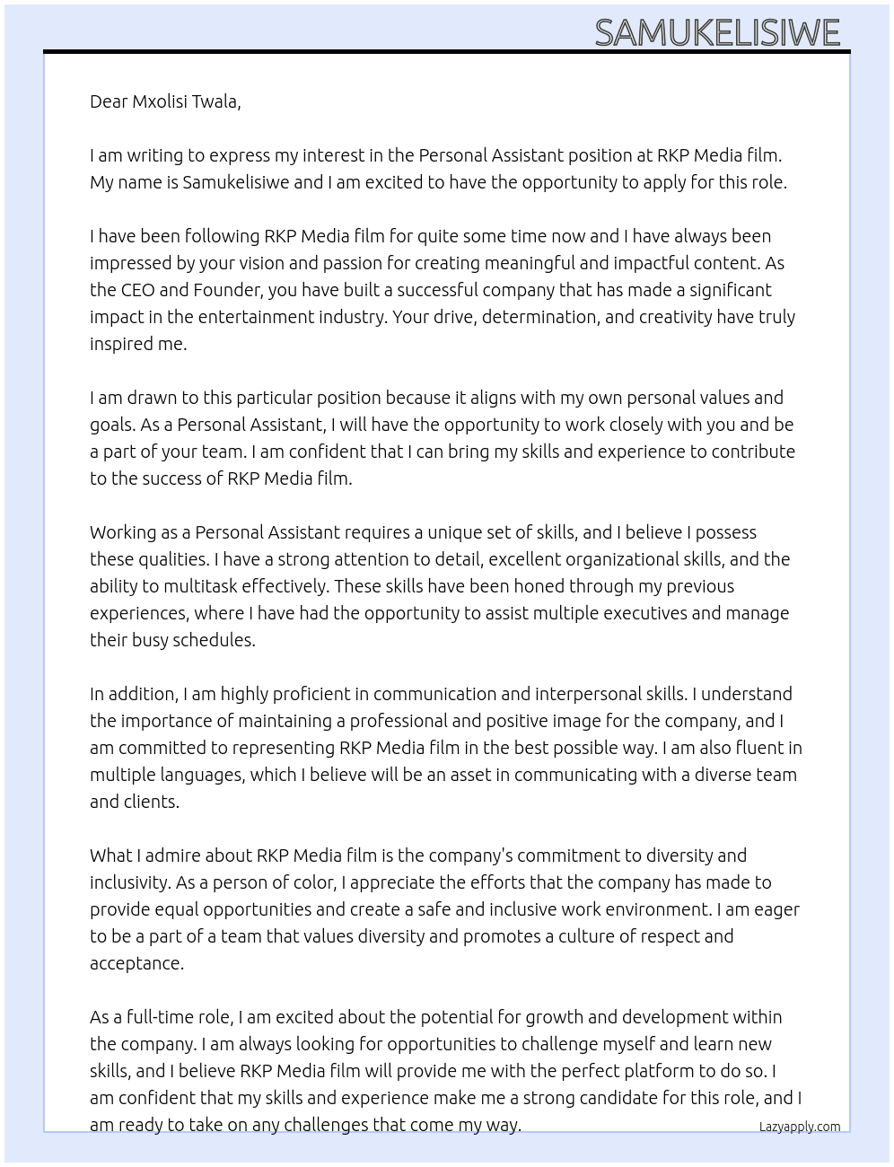 Personal Assistant  At RKP Media film Cover Letter