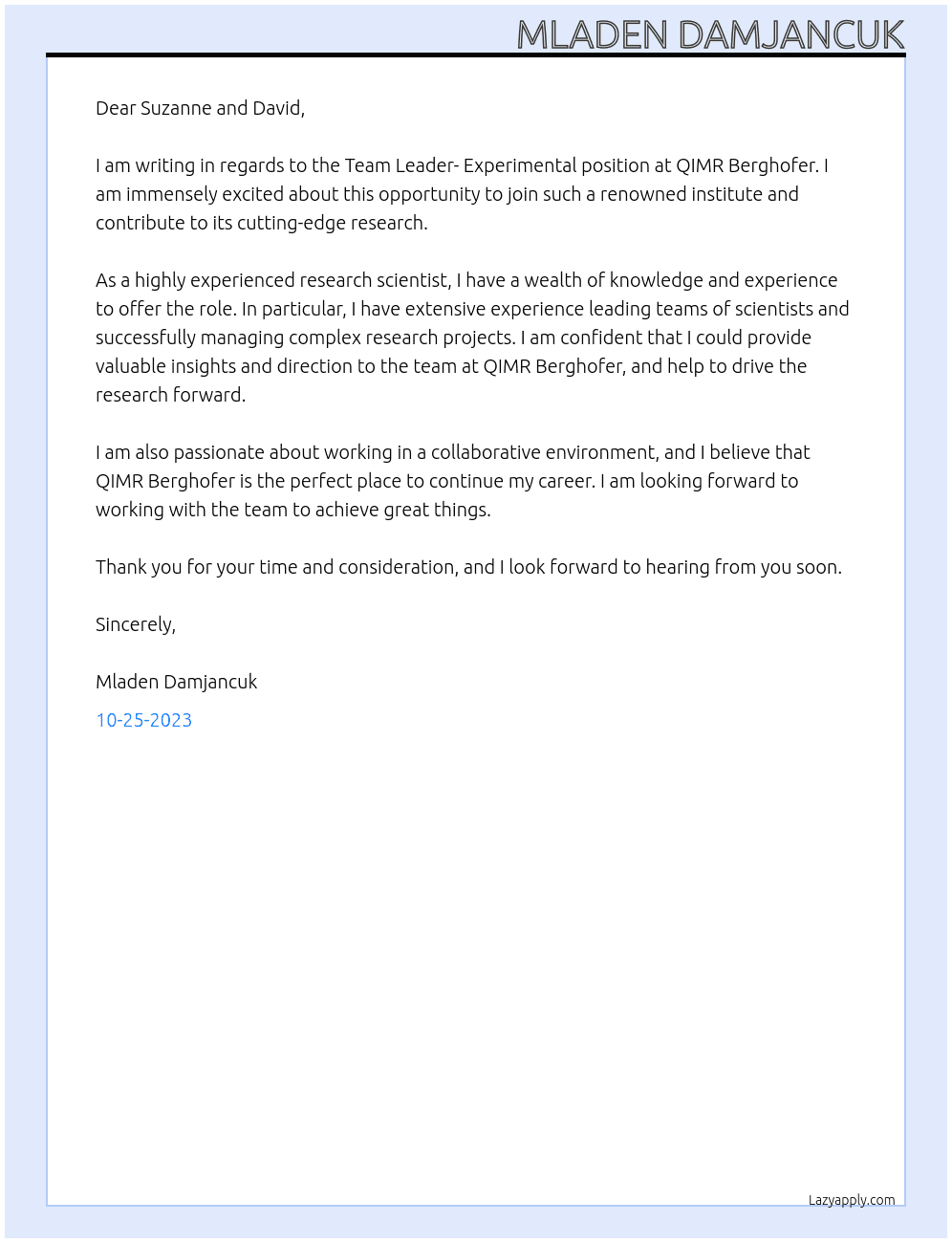 Team Leader- Experimental At QIMR Berghofer Cover Letter