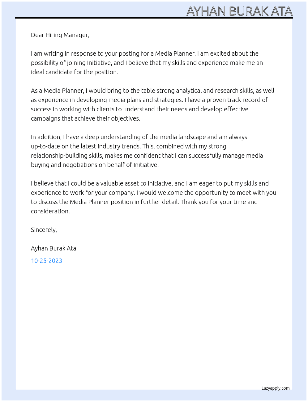 Media Planner At Initiative Cover Letter