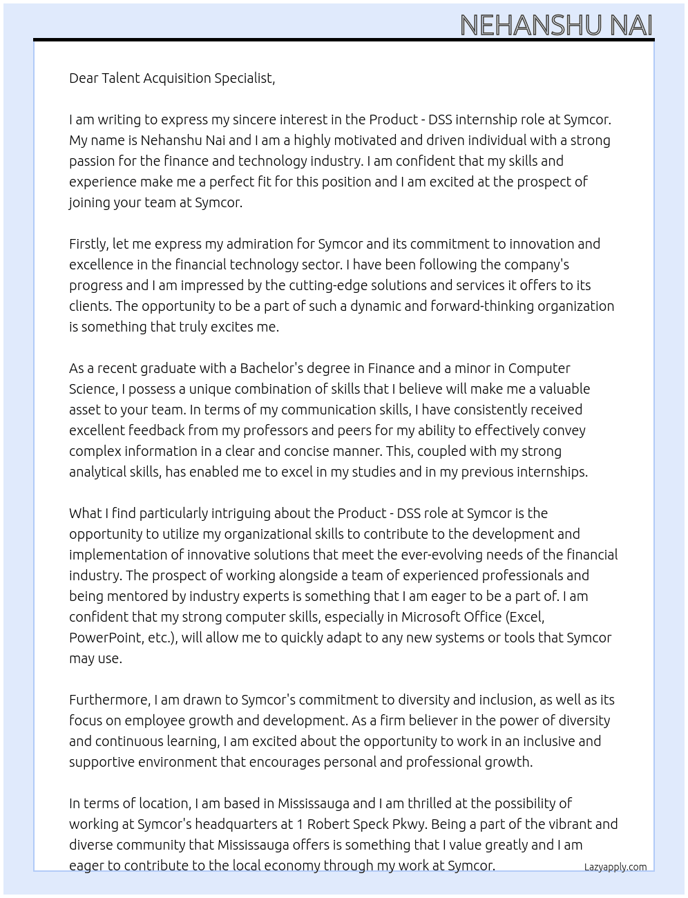 Product - DSS At Symcor Cover Letter