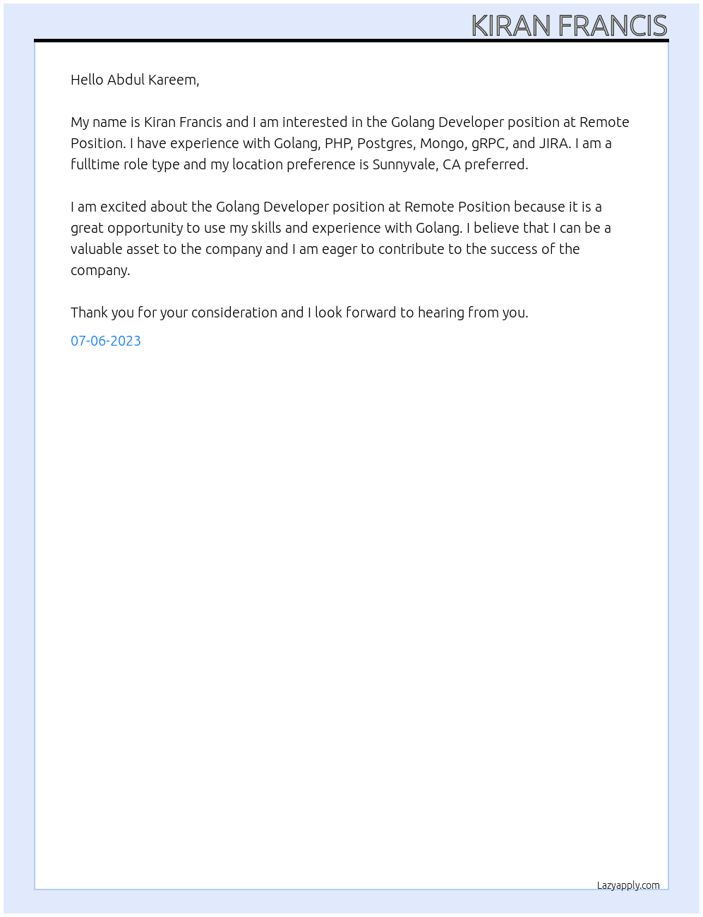 Golang Developer At Remote Position Cover Letter