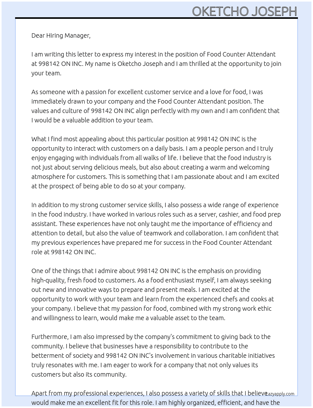 Food counter attendant  At 998142 ON INC  Cover Letter