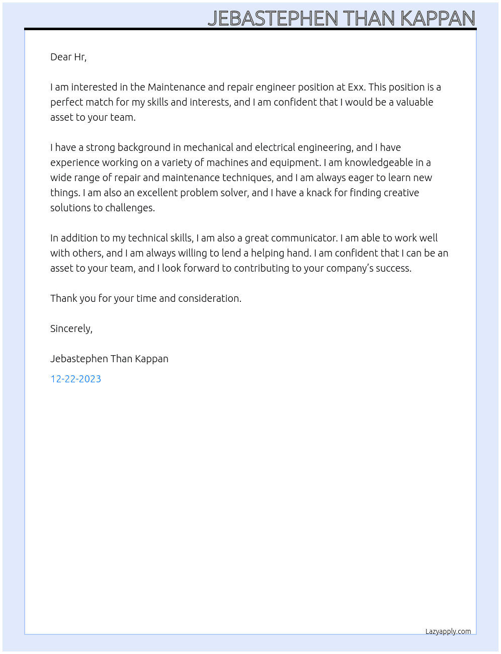 Maintenance and repair engineer At Exx Cover Letter