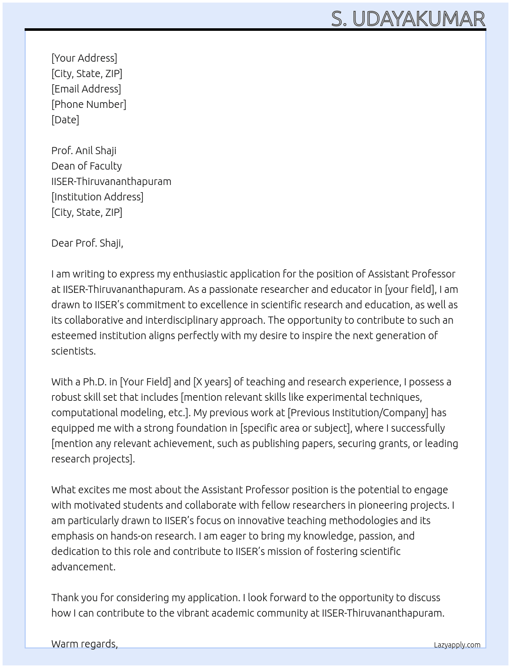 Assistant Professor  At IISER Cover Letter