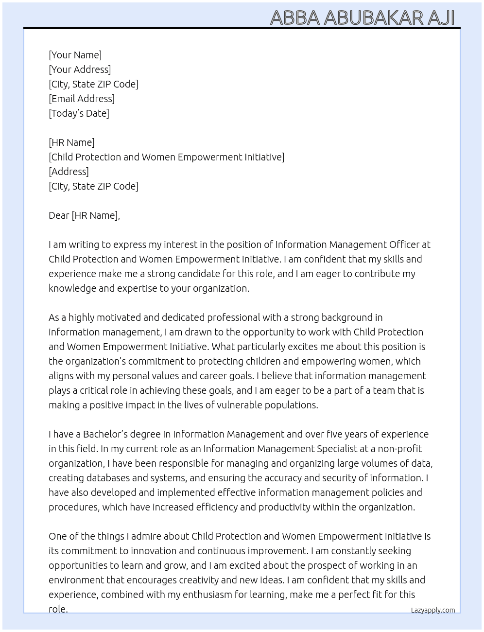 Information management officer At Child protection and women empowerment initiative  Cover Letter