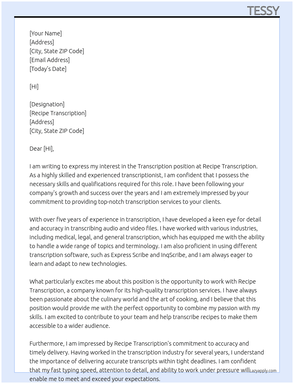 Transcription At Recipe Transcription Cover Letter