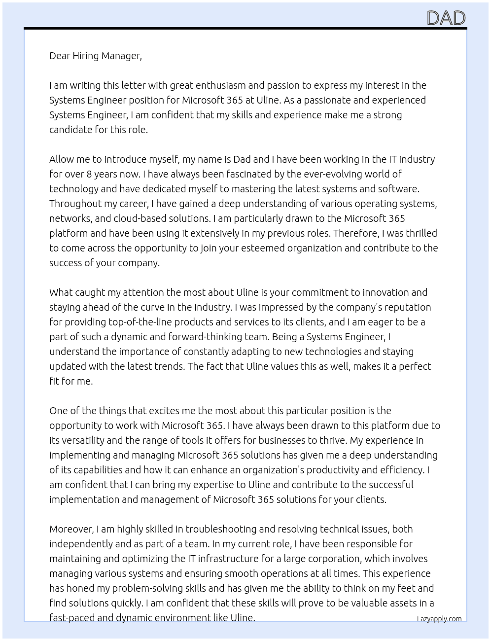 Systems Engineer - Microsoft 365 At Uline Cover Letter