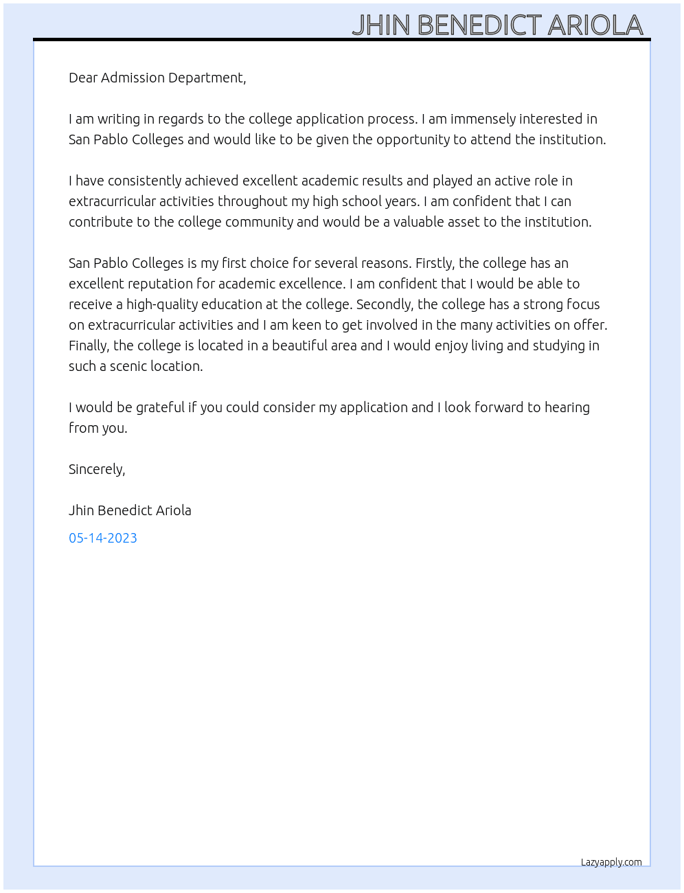 College Application  At San Pablo Colleges  Cover Letter
