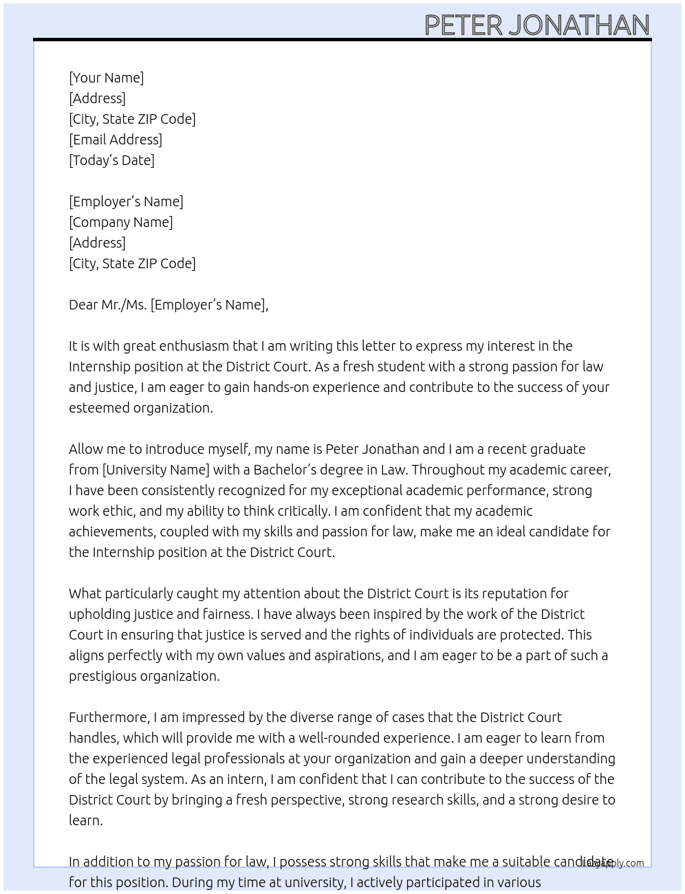 Internship as a fresh student At District court Cover Letter