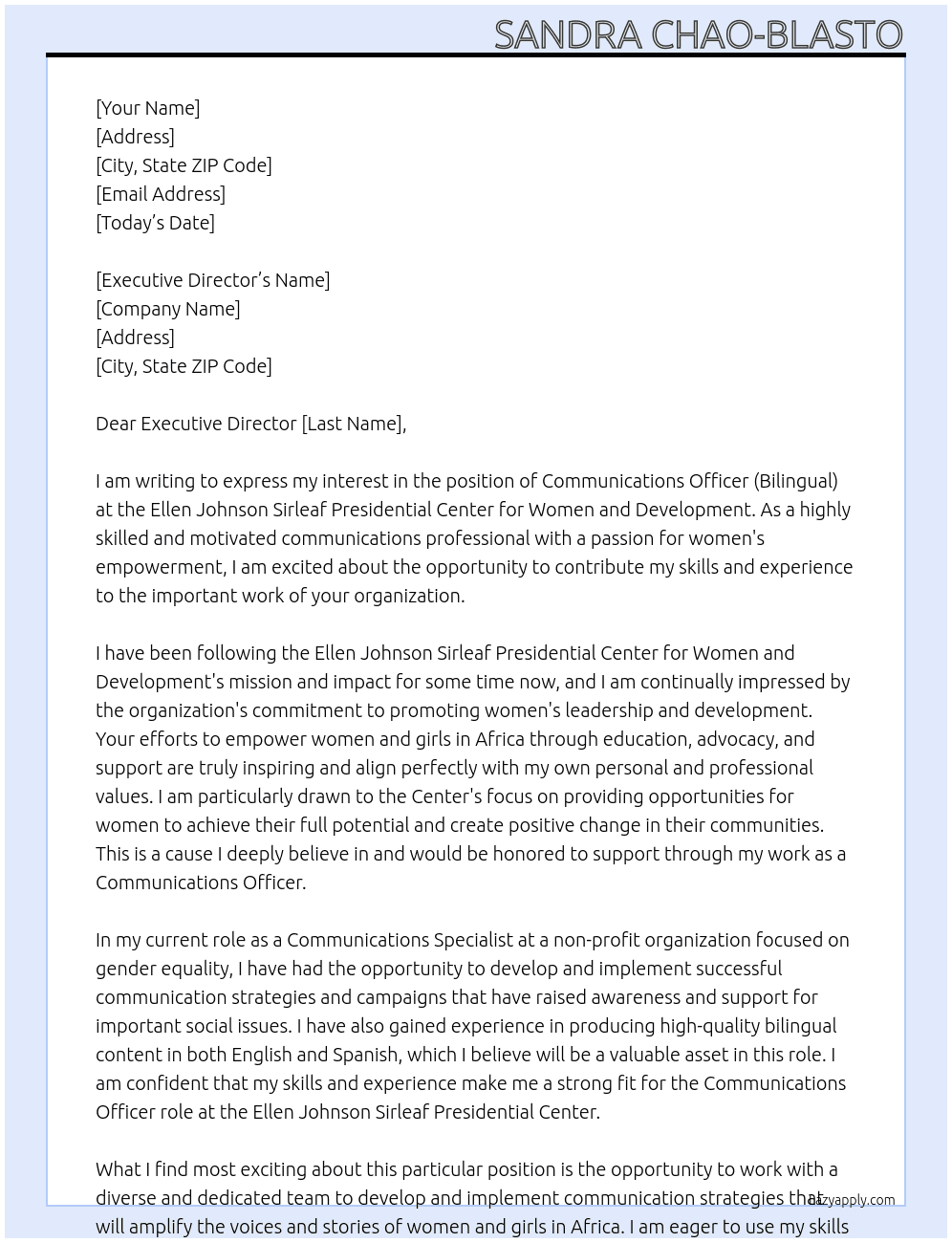 Communications Officer (Bilingual) At  Ellen Johnson Sirleaf Presidential Center for Women and Development Cover Letter
