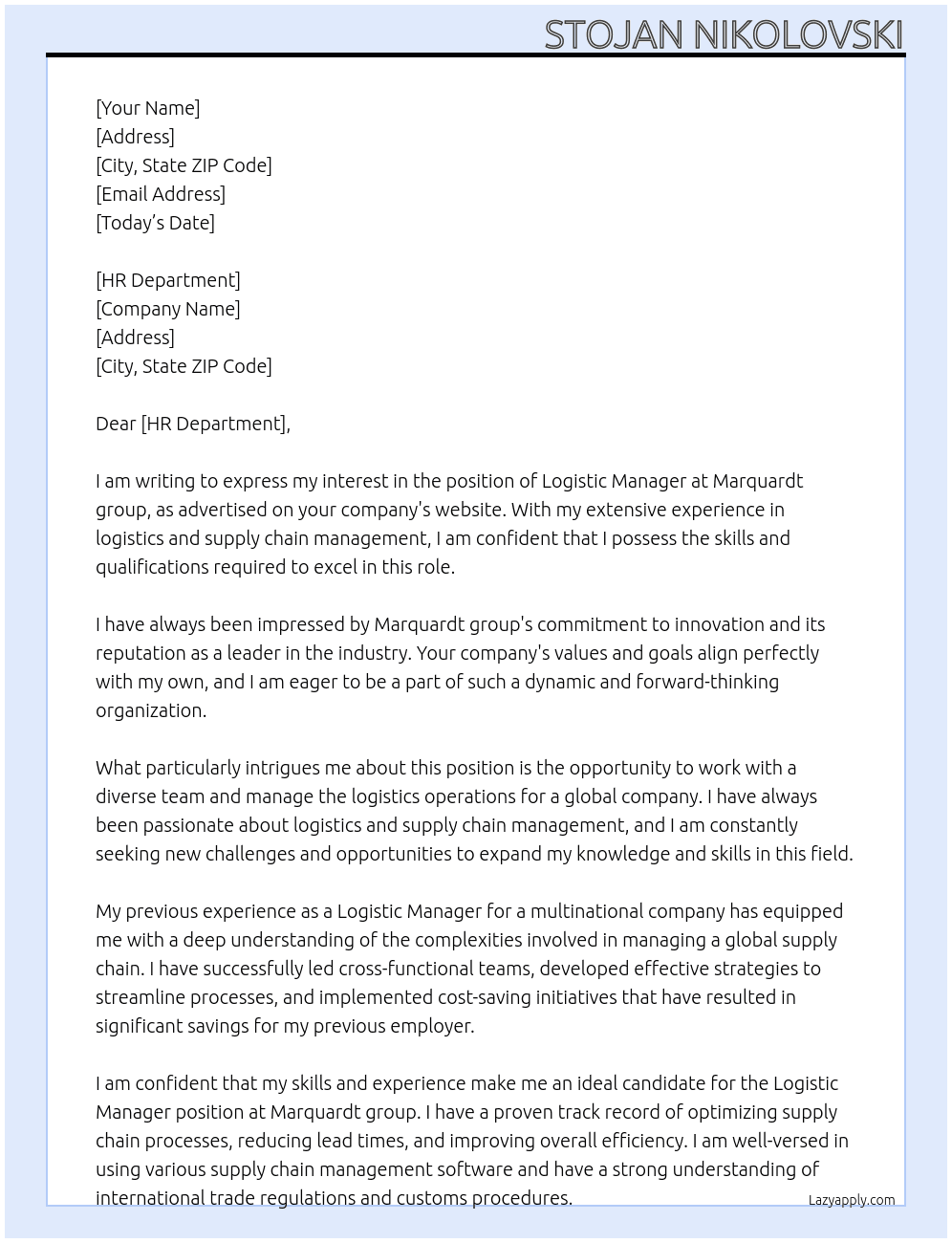 Logistic Manager At Marquardt group Cover Letter