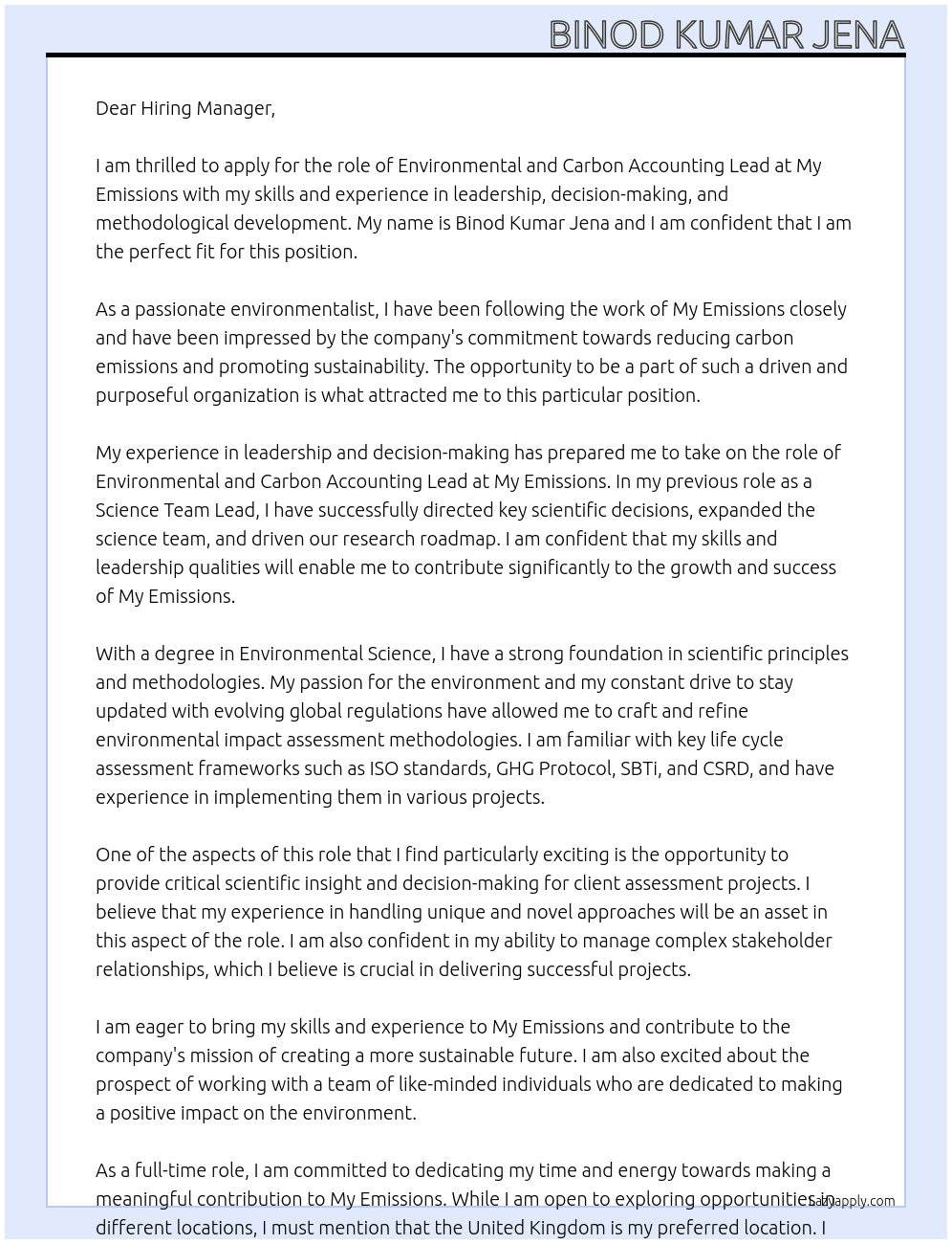 Environmental and Carbon Accounting Lead At My Emissions Cover Letter