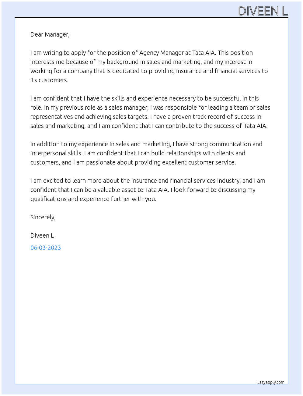 Agency manager  At Tata aia Cover Letter