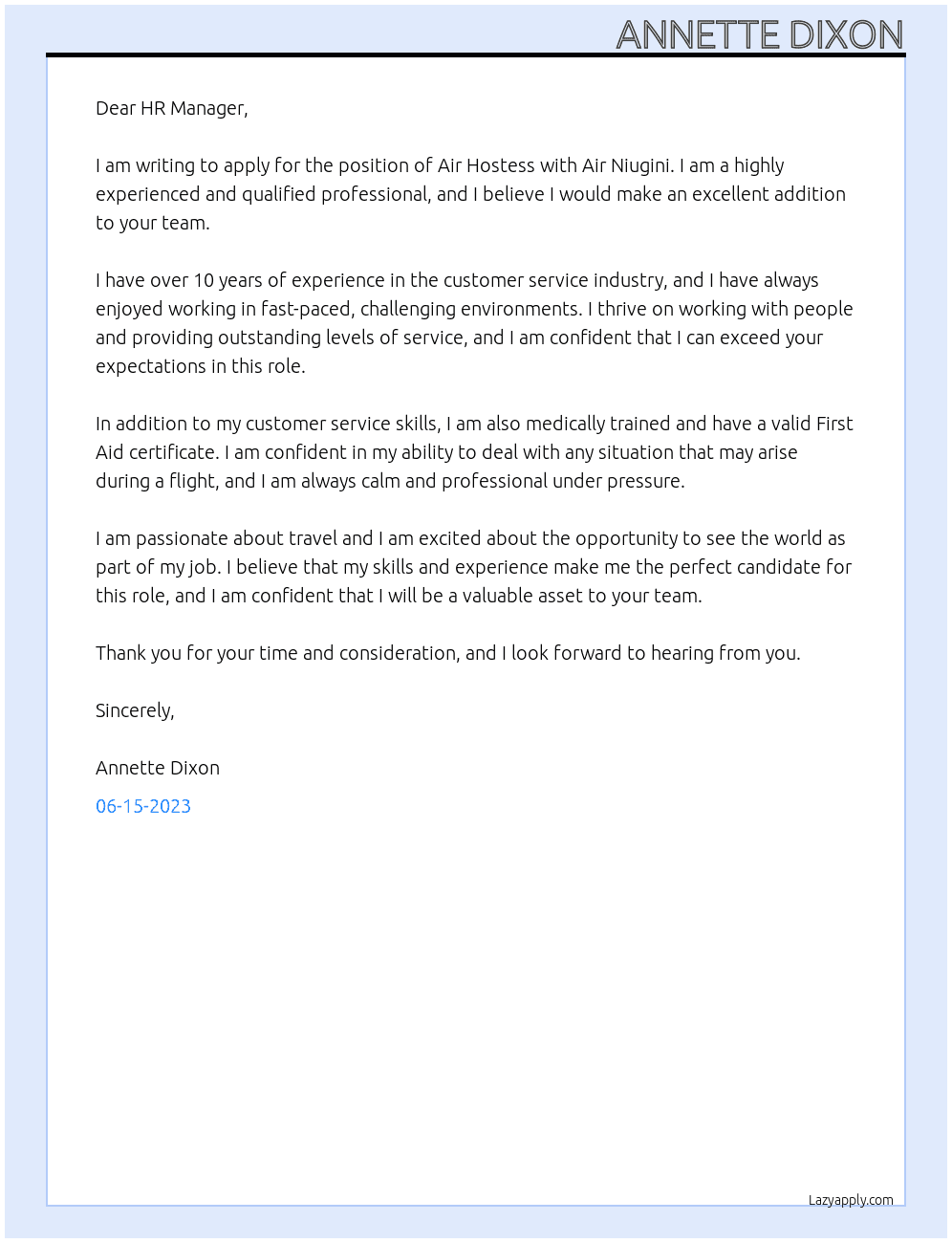 Air hostess At Air Niugini Cover Letter