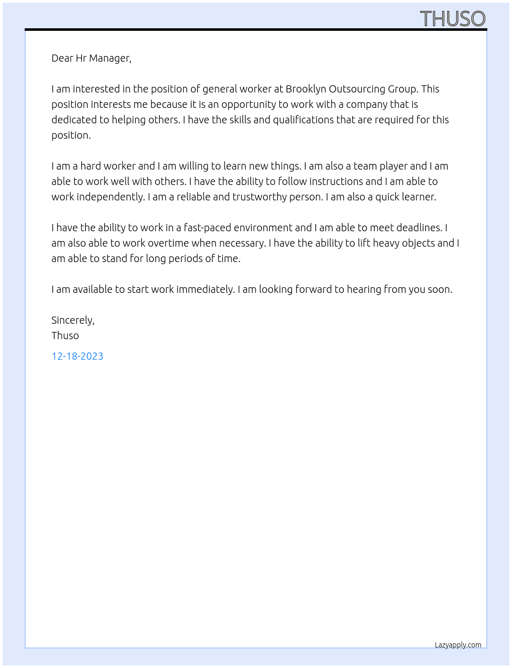 general worker At Brooklyn Outsourcing Group Cover Letter