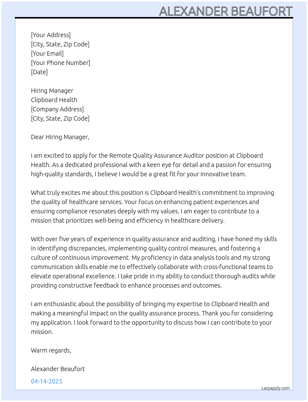 Remote Quality Assurance Auditor At Clipboard Health Cover Letter