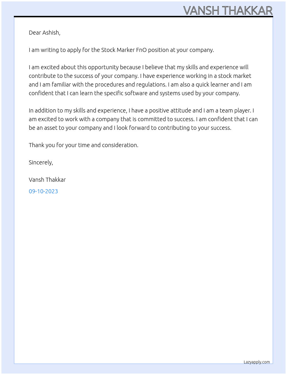 Stock Marker FnO At Ashish Gowda Cover Letter