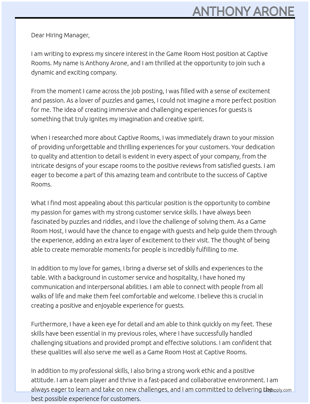 Game room host At Captive rooms Cover Letter