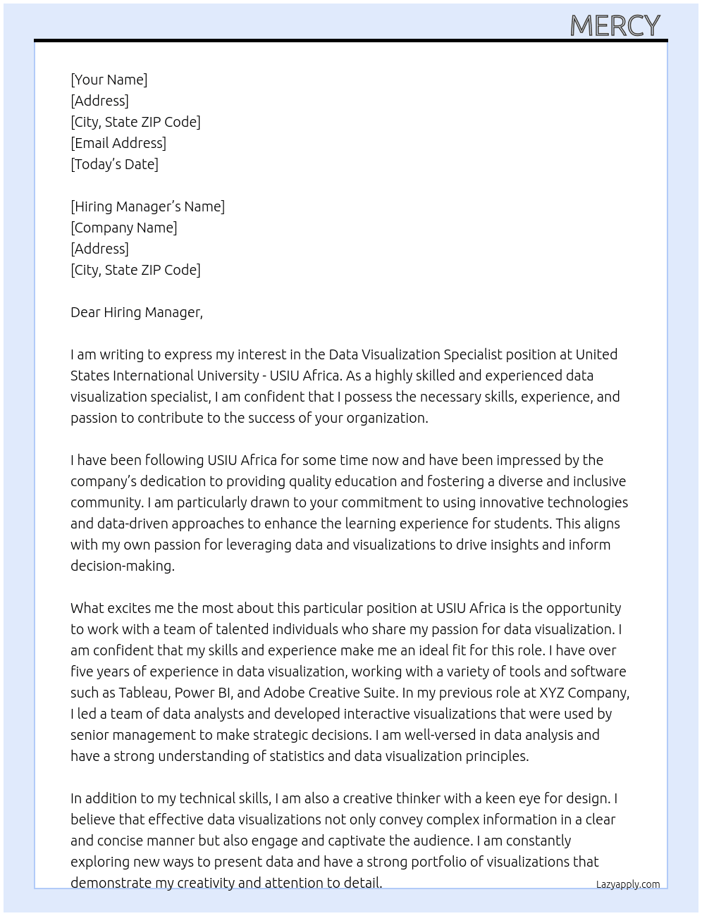 DATA VISUALIZATION SPECIALIST At United States International University - USIU Africa Cover Letter