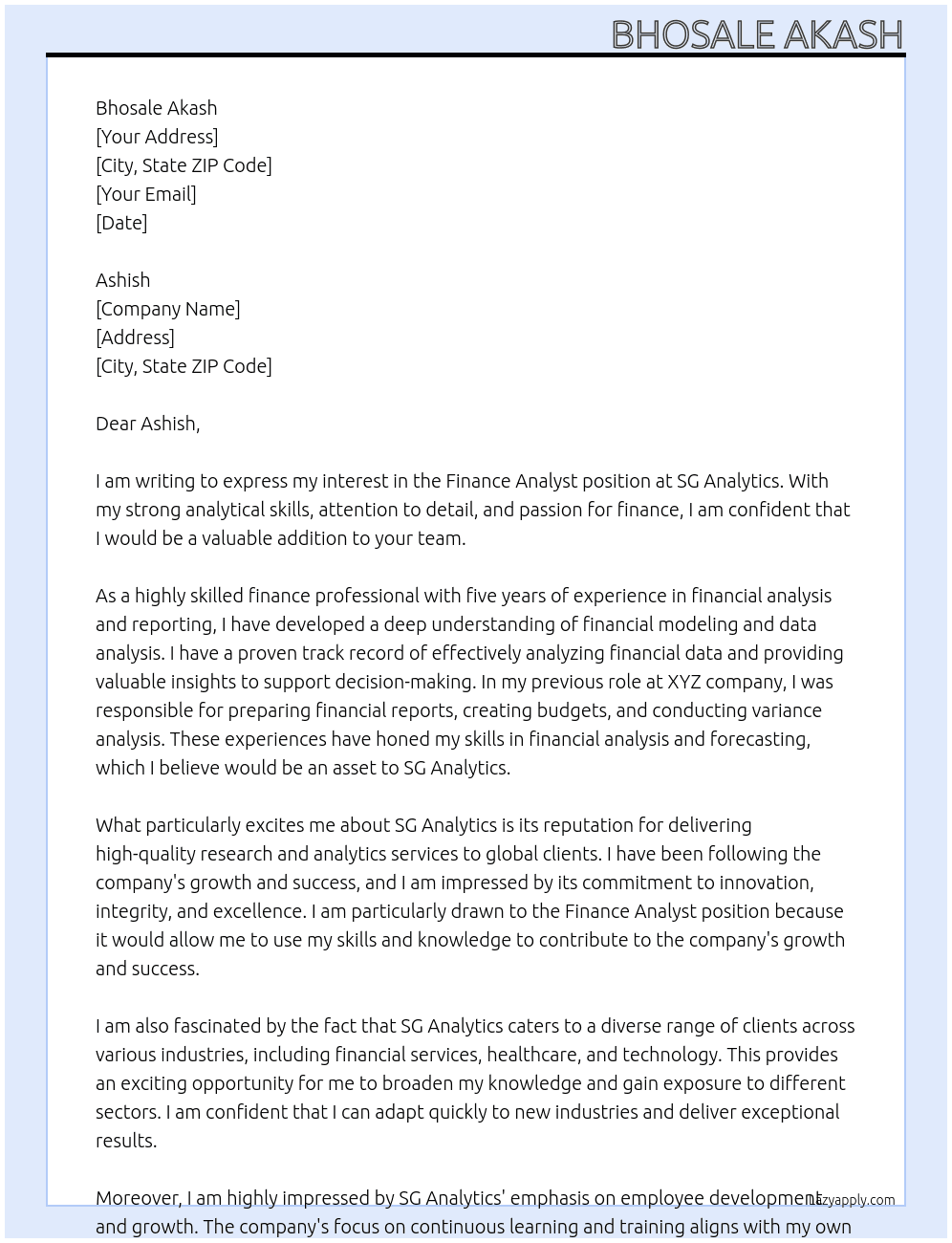 Finance analyst At SG Analytics Cover Letter