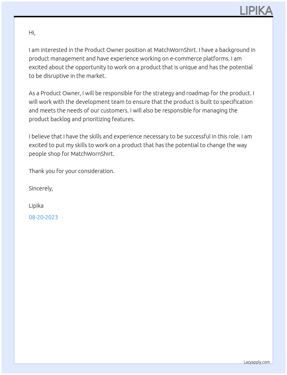 Product Owner At MatchWornShirt Cover Letter