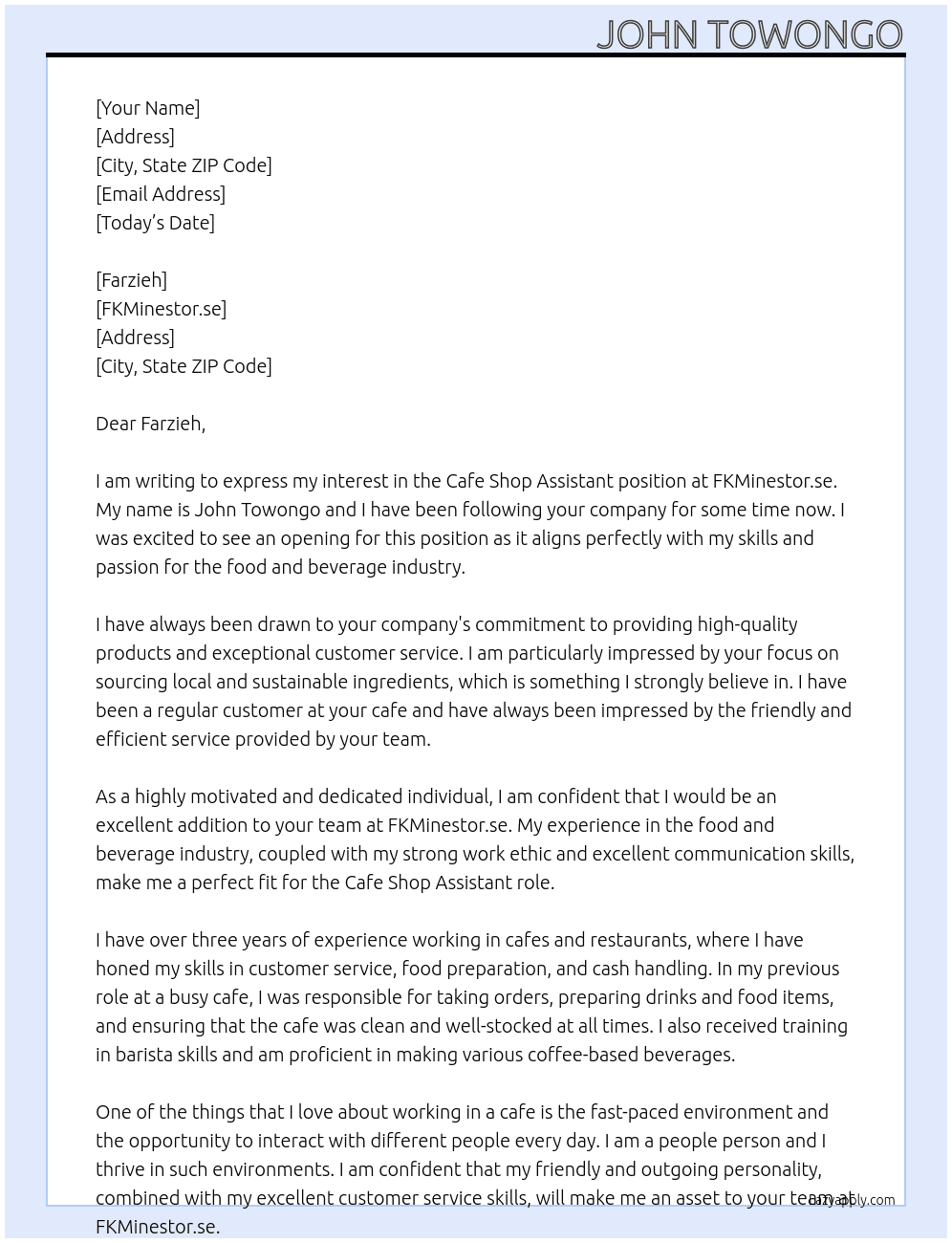 Cafe  Shop asistant  At fkminestor.se  Cover Letter