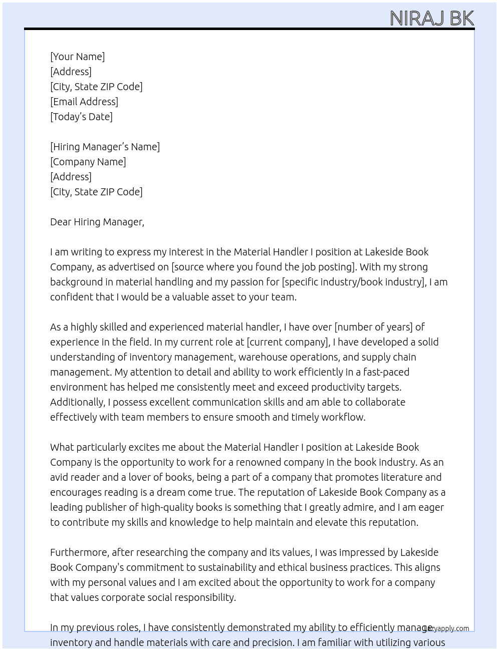 Material handler I At Lakeside book company Cover Letter