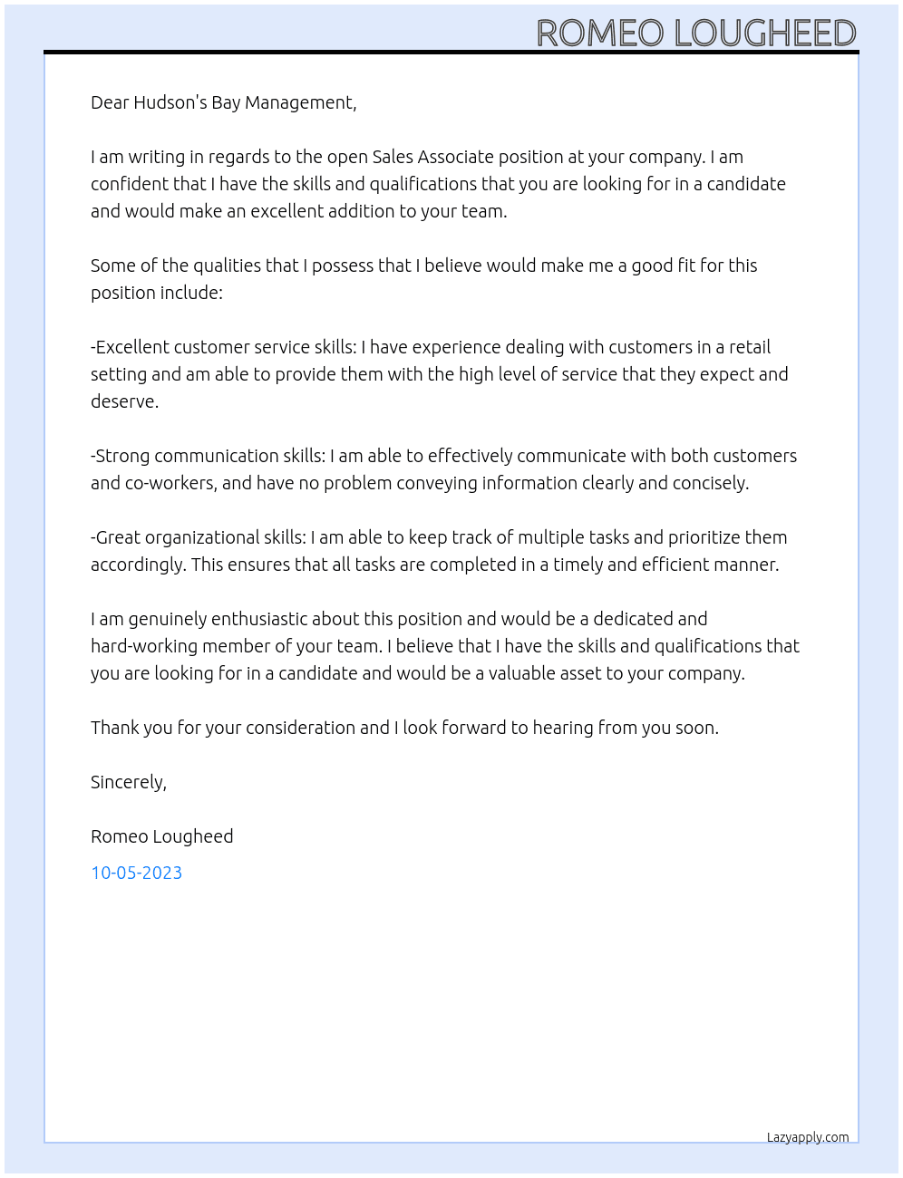 Sales Associate At Hudson`s bay Cover Letter
