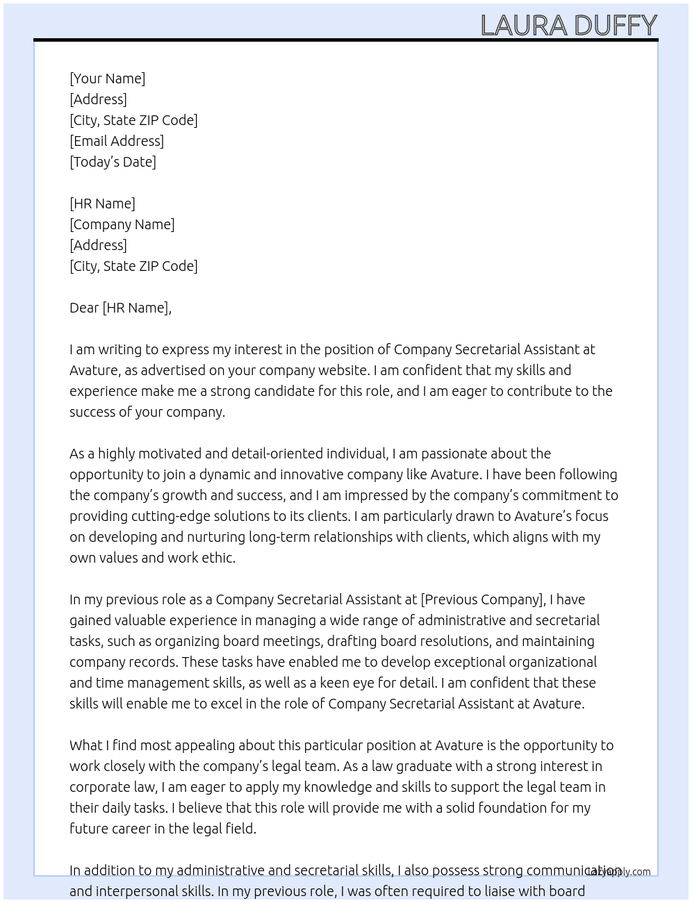 Company Secretarial Assistant At Avature Cover Letter