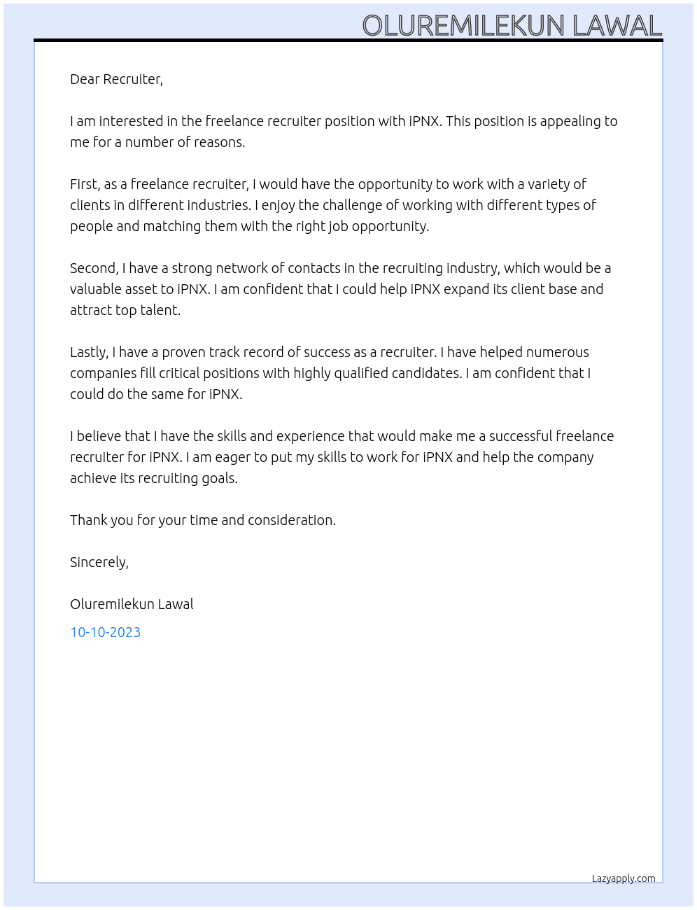 Freelance Recruiter At iPNX Cover Letter