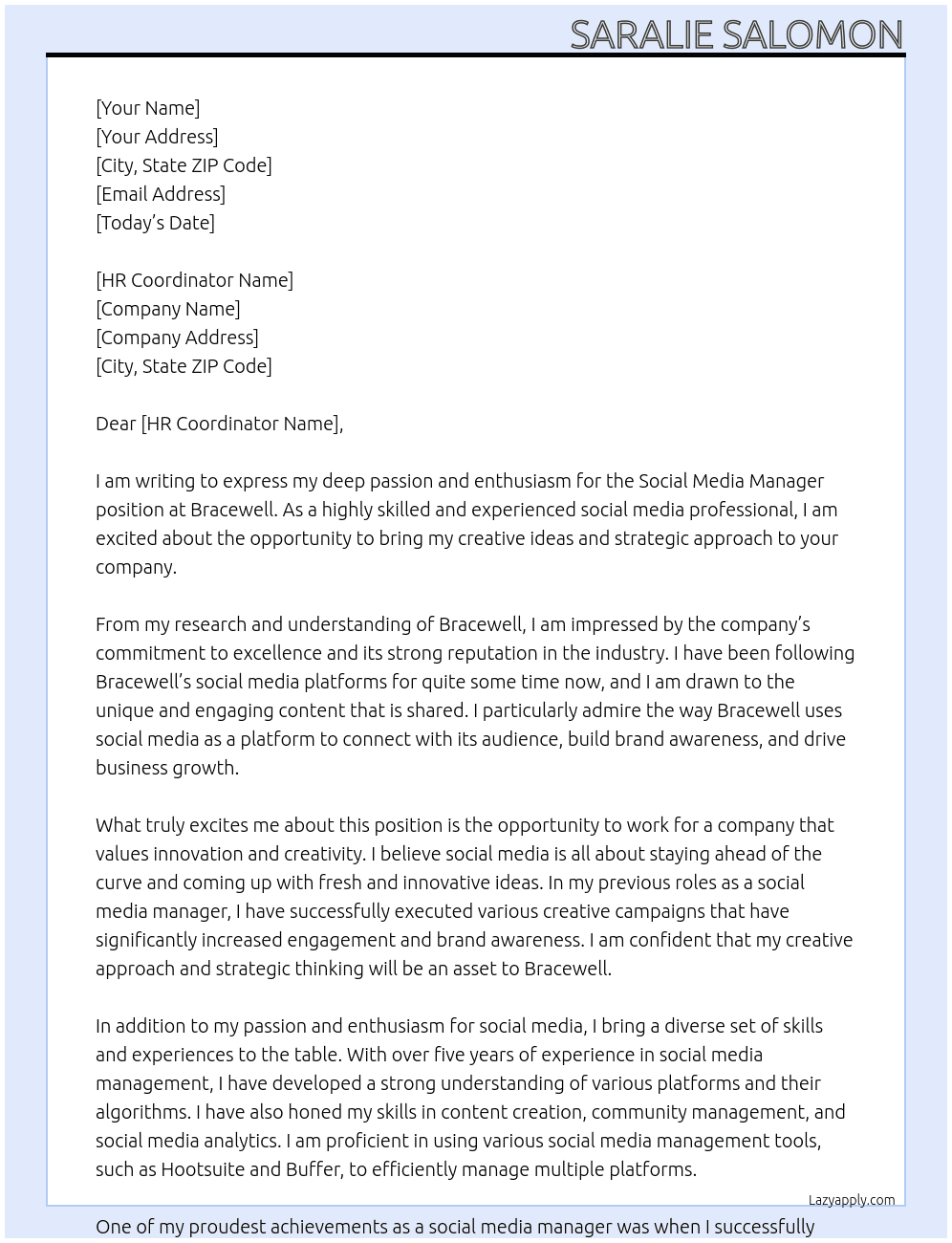 Social Media Manager At Bracewell Cover Letter