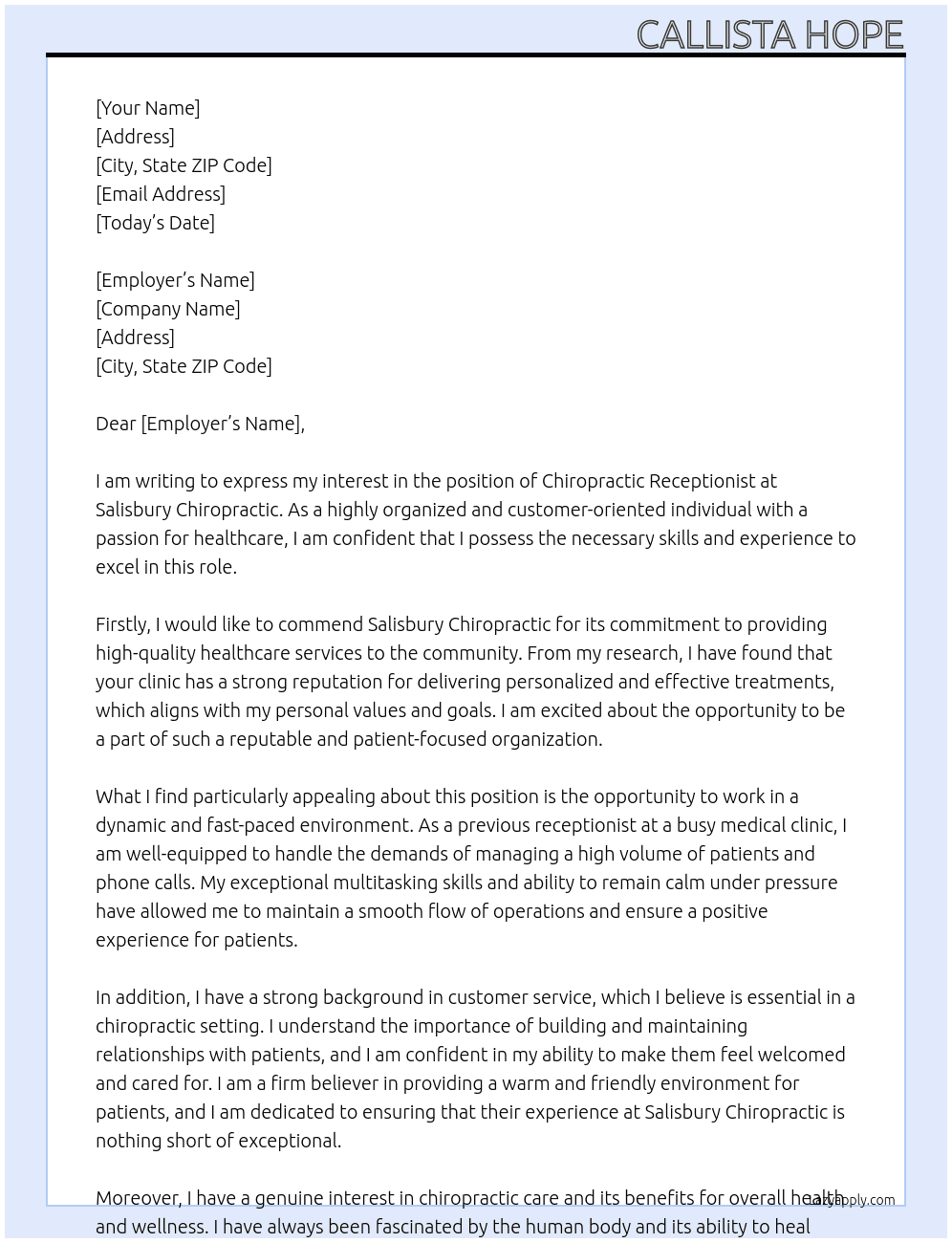 Chiropractic Receptionist  At Salisbury Chiropractic  Cover Letter