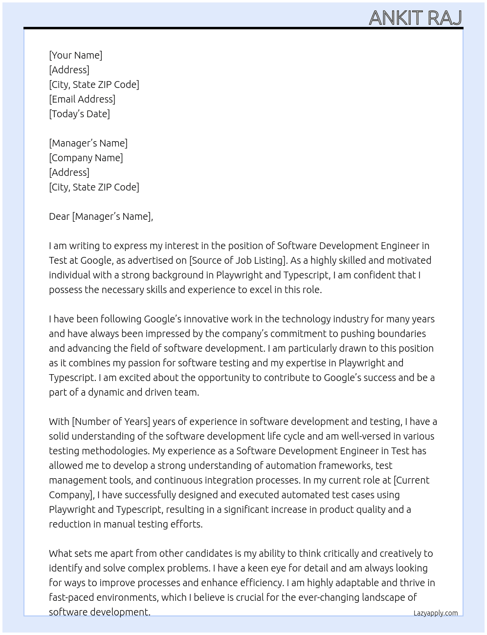 Software Development Engineer in Test At Google Cover Letter