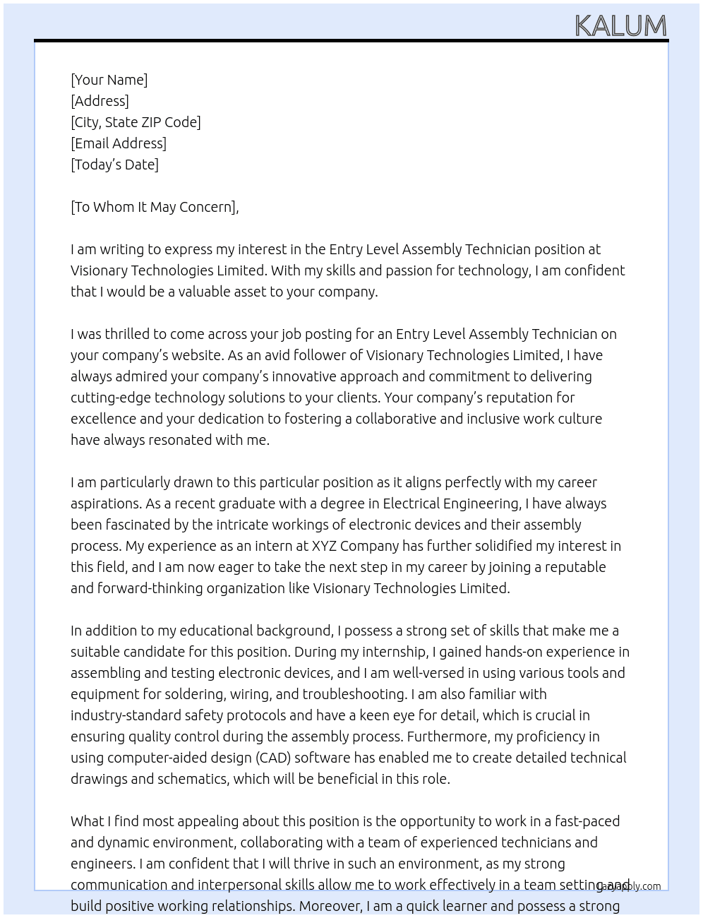 Entry Level Assembly Technician At Visionary Technologies Limited Cover Letter