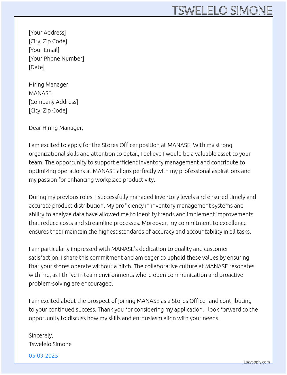 Stores officer At MANASE Cover Letter